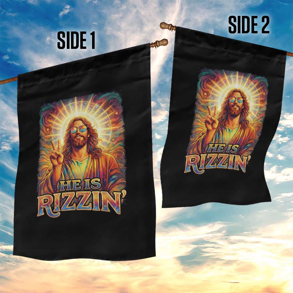 Funny Christian Easter He Is Rizzin Garden Flag Trendy Jesus Humor with Sunglasses Faith Based Meme Gift