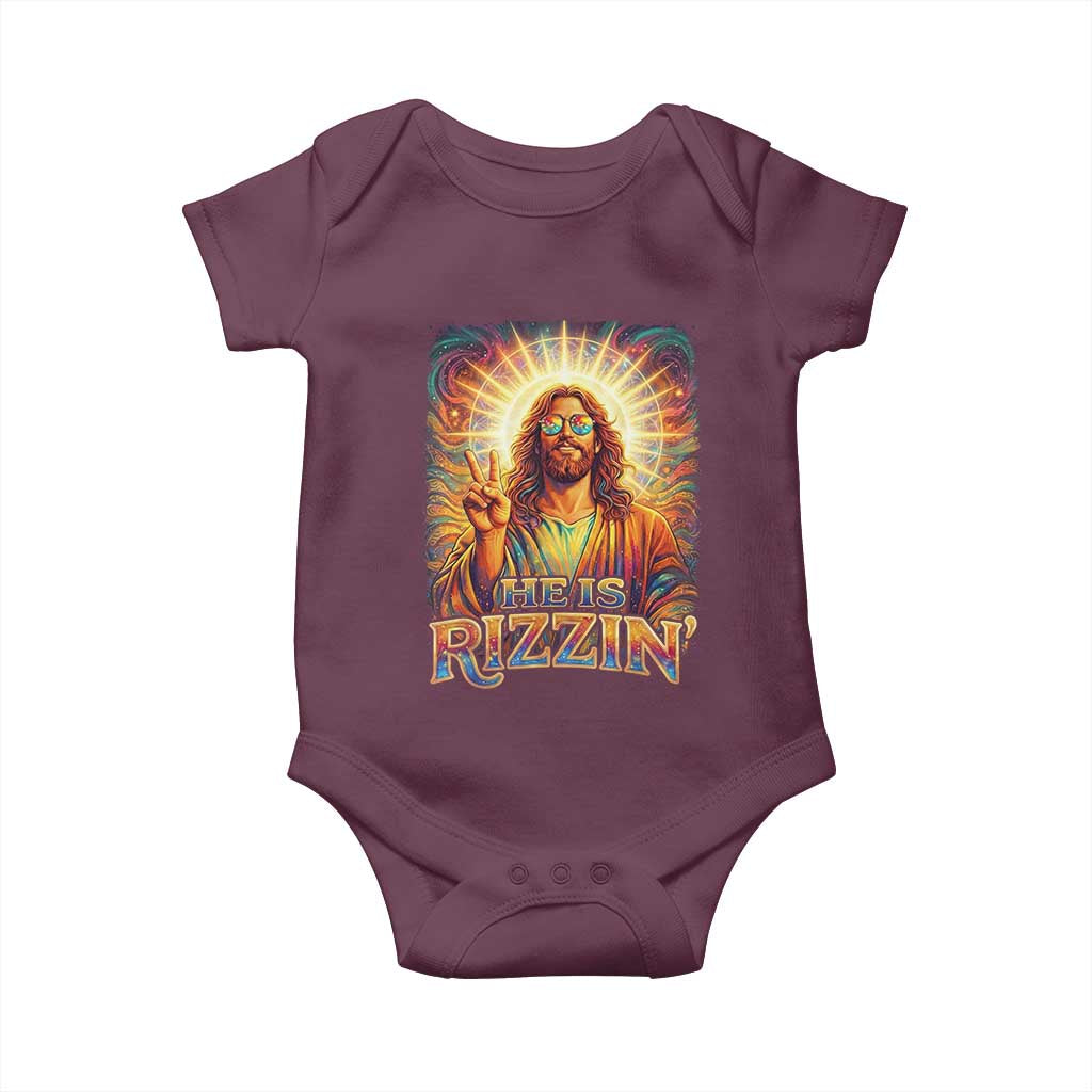 Funny Christian Easter He Is Rizzin Baby Onesie Trendy Jesus Humor with Sunglasses Faith Based Meme Gift