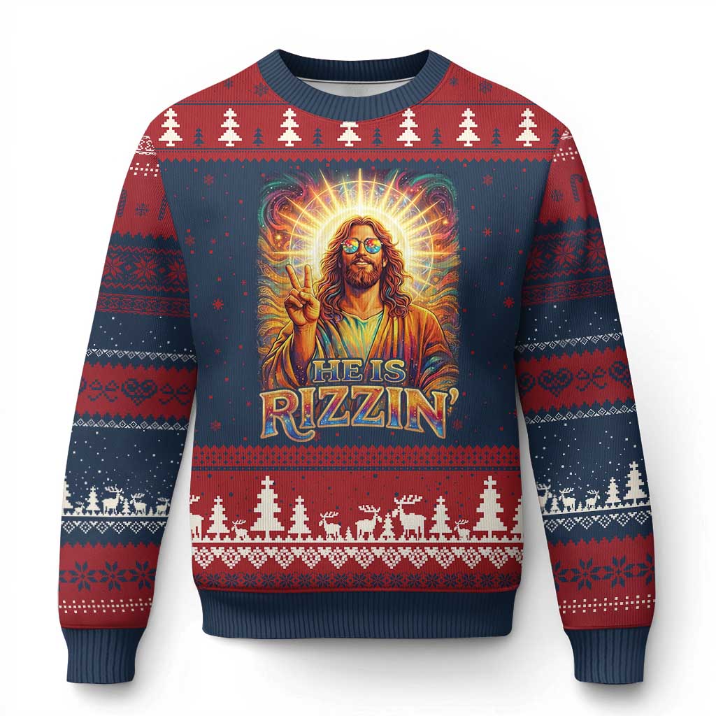 Funny Christian Easter He Is Rizzin Ugly Christmas Sweater Trendy Jesus Humor with Sunglasses Faith Based Meme Gift