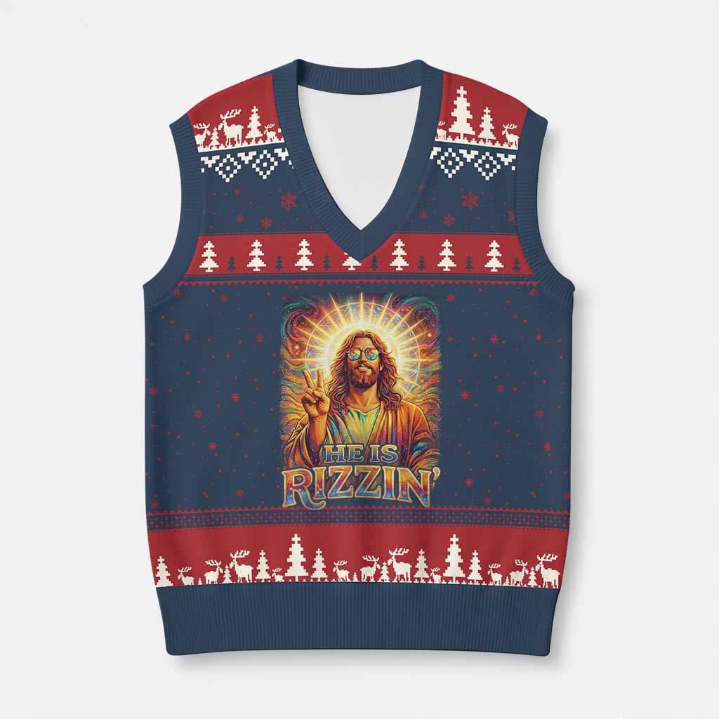 Funny Christian Easter He Is Rizzin V-Neck Knit Sweater Vest Trendy Jesus Humor with Sunglasses Faith Based Meme Gift