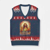 Funny Christian Easter He Is Rizzin V-Neck Knit Sweater Vest Trendy Jesus Humor with Sunglasses Faith Based Meme Gift