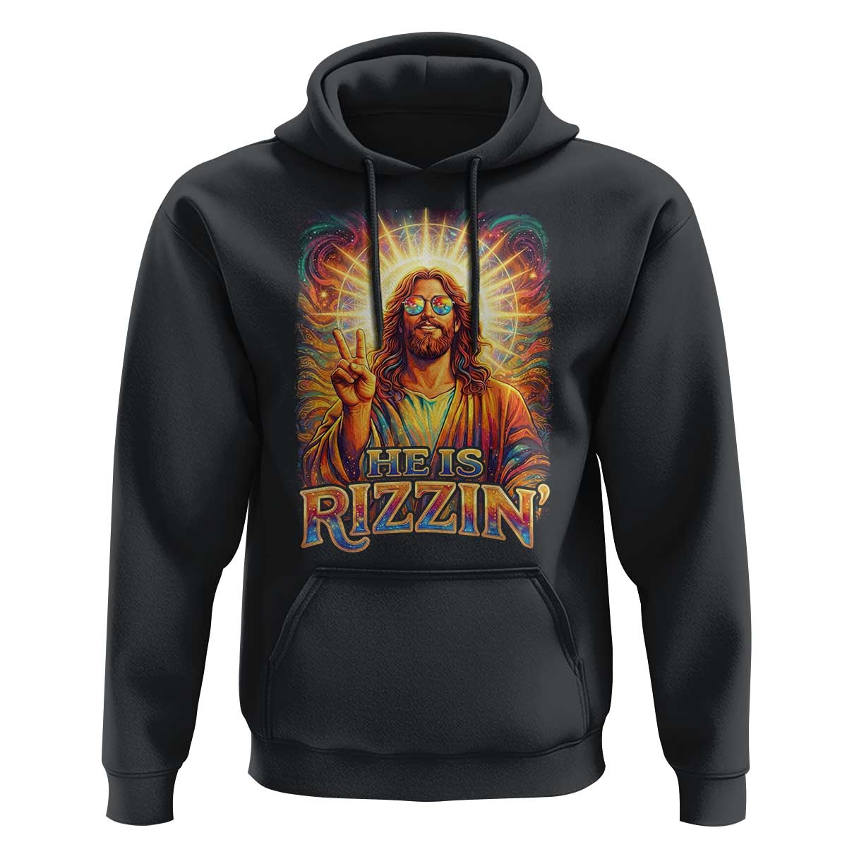 Funny Christian Easter He Is Rizzin Hoodie Trendy Jesus Humor with Sunglasses Faith Based Meme Gift
