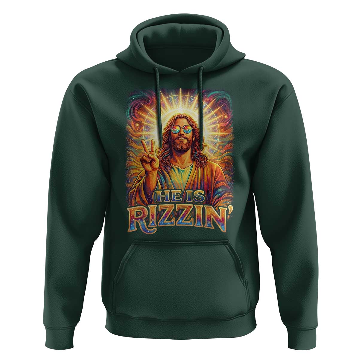 Funny Christian Easter He Is Rizzin Hoodie Trendy Jesus Humor with Sunglasses Faith Based Meme Gift