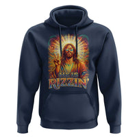 Funny Christian Easter He Is Rizzin Hoodie Trendy Jesus Humor with Sunglasses Faith Based Meme Gift