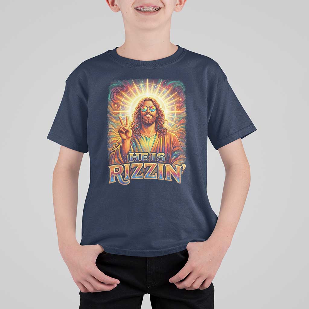 Funny Christian Easter He Is Rizzin T Shirt For Kid Trendy Jesus Humor with Sunglasses Faith Based Meme Gift