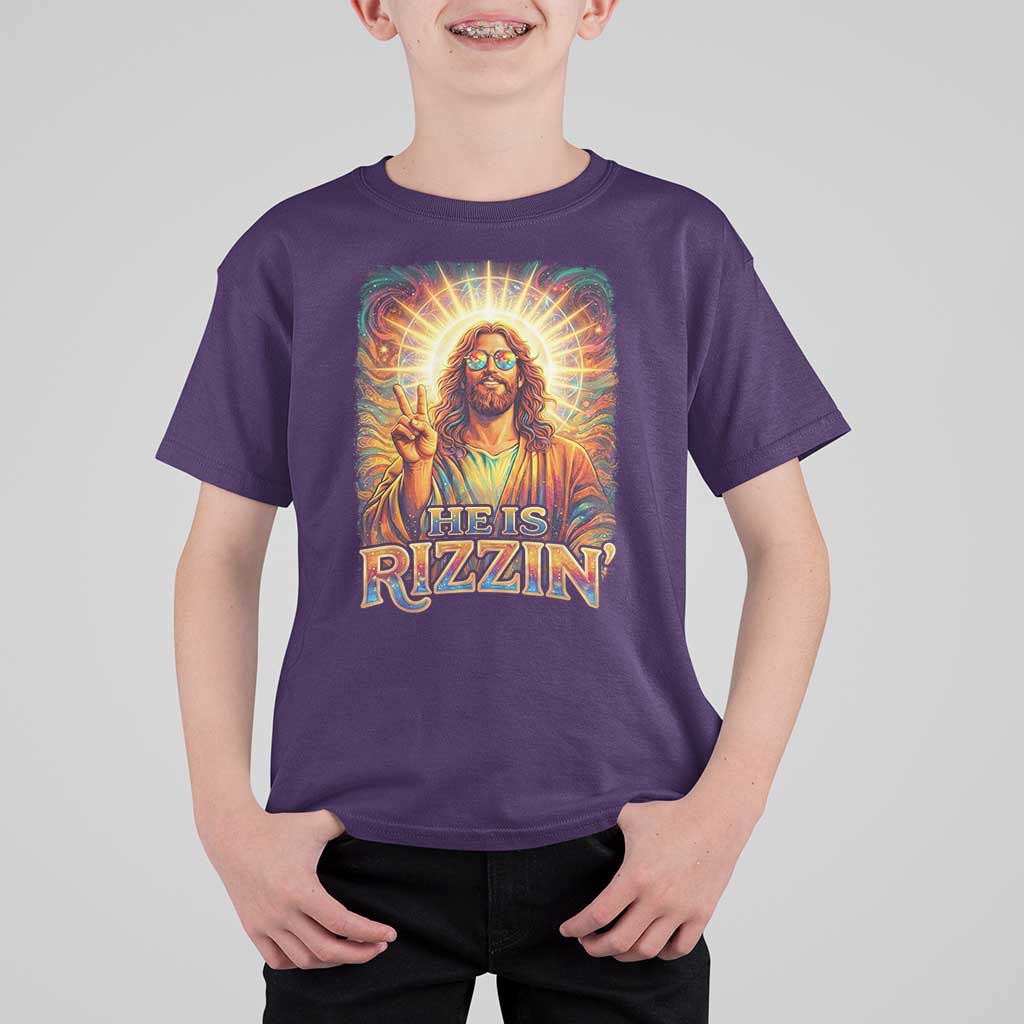 Funny Christian Easter He Is Rizzin T Shirt For Kid Trendy Jesus Humor with Sunglasses Faith Based Meme Gift