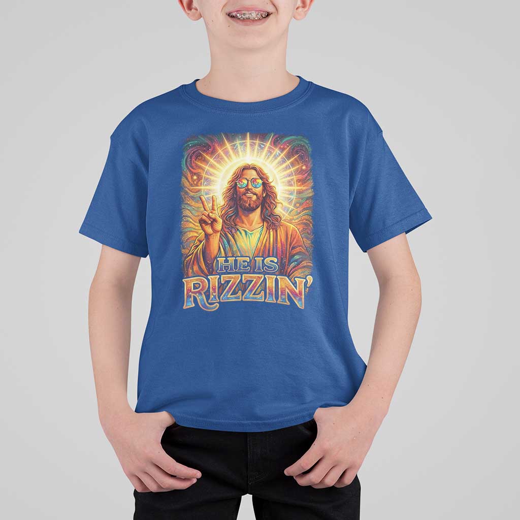 Funny Christian Easter He Is Rizzin T Shirt For Kid Trendy Jesus Humor with Sunglasses Faith Based Meme Gift