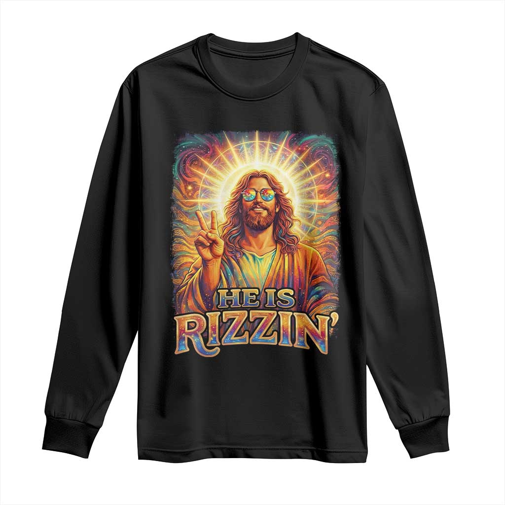 Funny Christian Easter He Is Rizzin Long Sleeve Shirt Trendy Jesus Humor with Sunglasses Faith Based Meme Gift