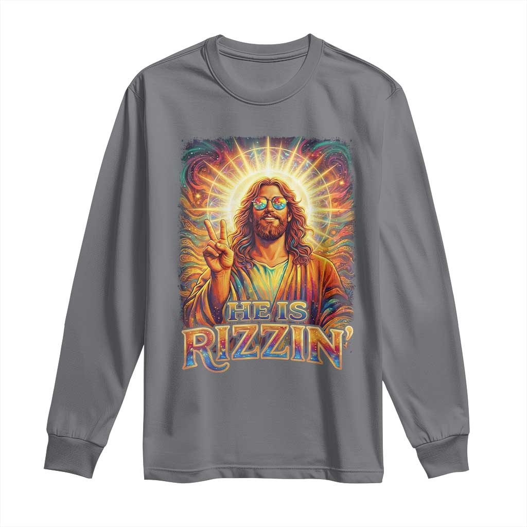 Funny Christian Easter He Is Rizzin Long Sleeve Shirt Trendy Jesus Humor with Sunglasses Faith Based Meme Gift