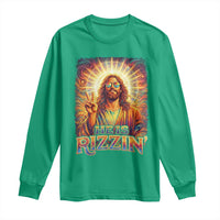 Funny Christian Easter He Is Rizzin Long Sleeve Shirt Trendy Jesus Humor with Sunglasses Faith Based Meme Gift