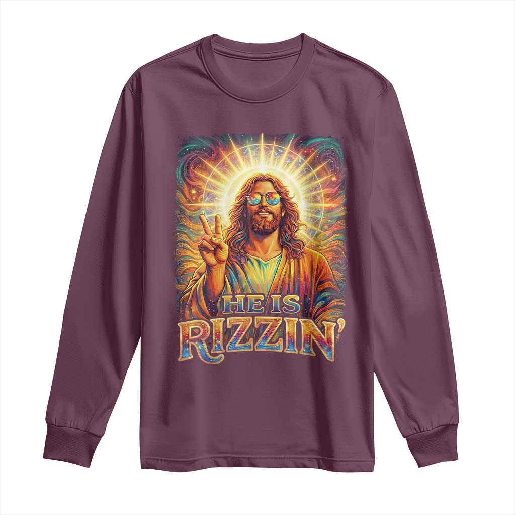Funny Christian Easter He Is Rizzin Long Sleeve Shirt Trendy Jesus Humor with Sunglasses Faith Based Meme Gift