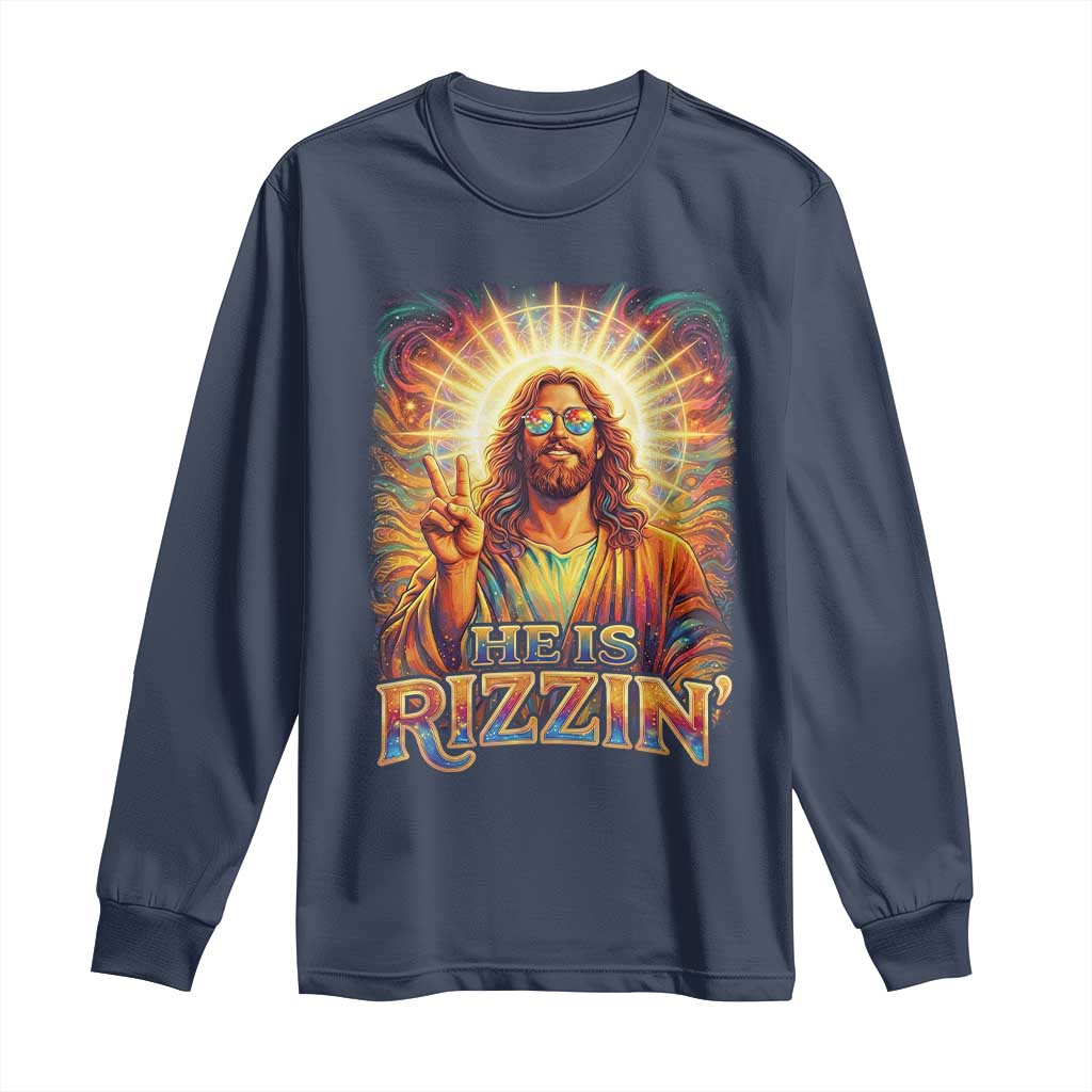 Funny Christian Easter He Is Rizzin Long Sleeve Shirt Trendy Jesus Humor with Sunglasses Faith Based Meme Gift