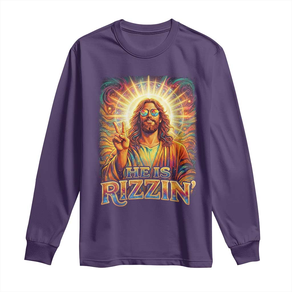 Funny Christian Easter He Is Rizzin Long Sleeve Shirt Trendy Jesus Humor with Sunglasses Faith Based Meme Gift