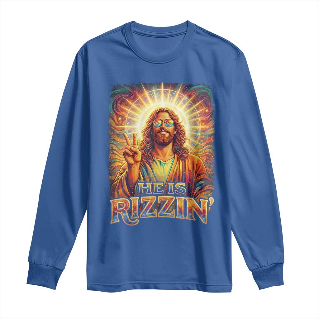 Funny Christian Easter He Is Rizzin Long Sleeve Shirt Trendy Jesus Humor with Sunglasses Faith Based Meme Gift