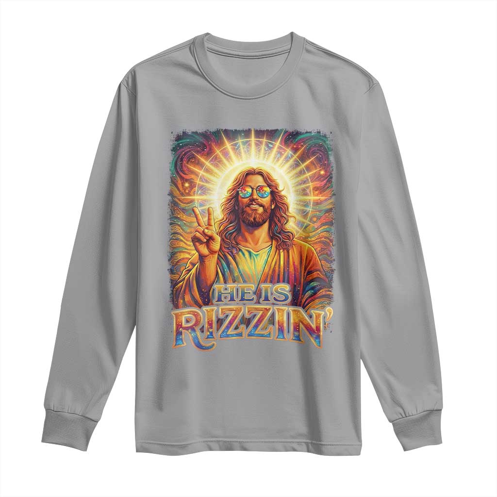Funny Christian Easter He Is Rizzin Long Sleeve Shirt Trendy Jesus Humor with Sunglasses Faith Based Meme Gift