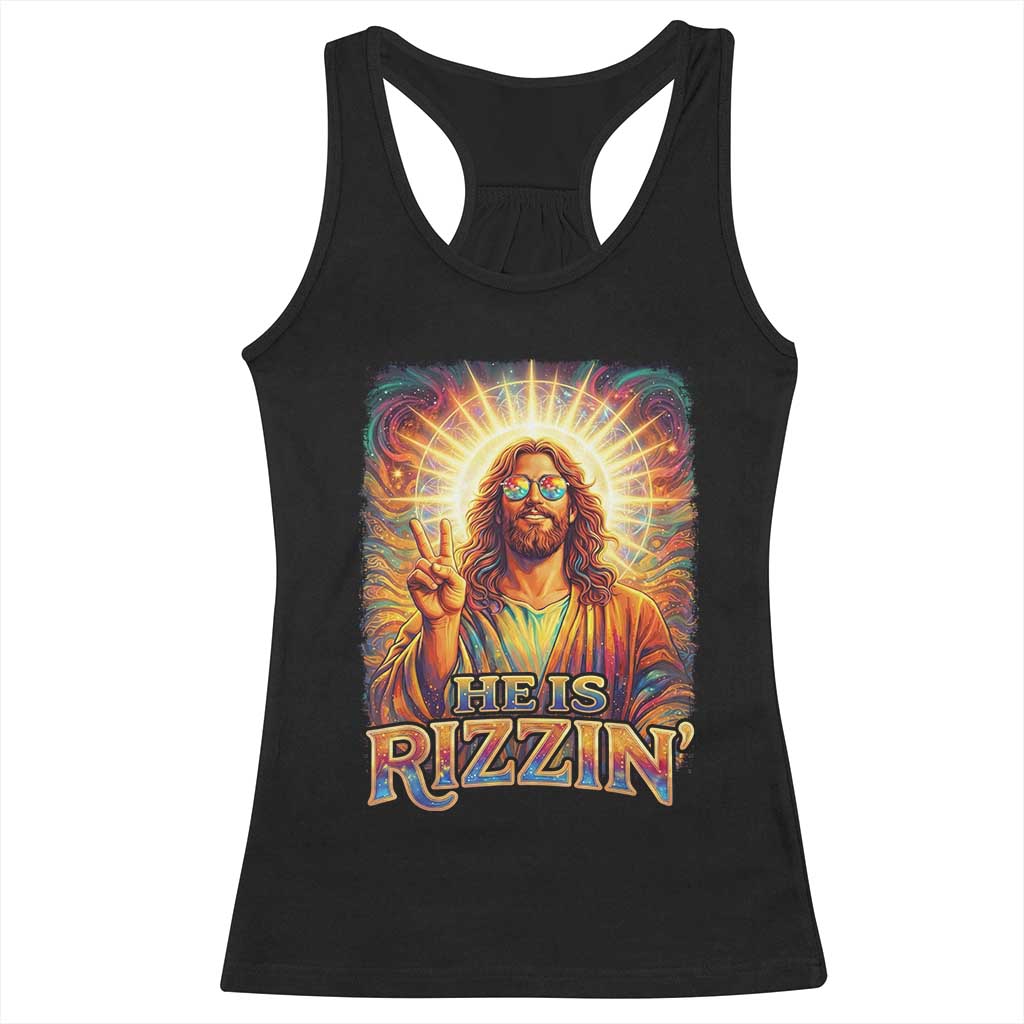 Funny Christian Easter He Is Rizzin Racerback Tank Top Trendy Jesus Humor with Sunglasses Faith Based Meme Gift