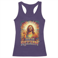 Funny Christian Easter He Is Rizzin Racerback Tank Top Trendy Jesus Humor with Sunglasses Faith Based Meme Gift