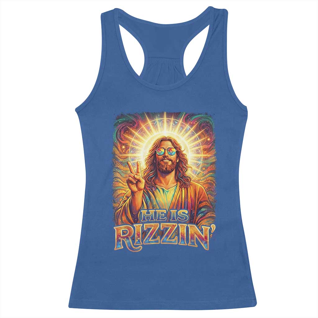 Funny Christian Easter He Is Rizzin Racerback Tank Top Trendy Jesus Humor with Sunglasses Faith Based Meme Gift