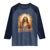 Funny Christian Easter He Is Rizzin Raglan Shirt Trendy Jesus Humor with Sunglasses Faith Based Meme Gift