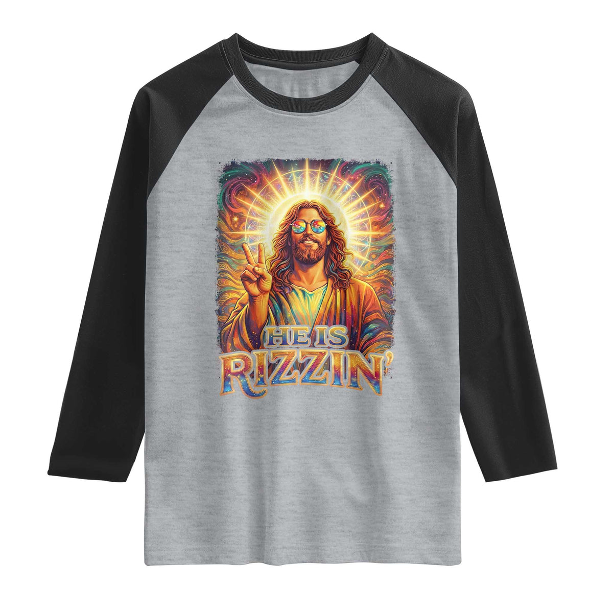 Funny Christian Easter He Is Rizzin Raglan Shirt Trendy Jesus Humor with Sunglasses Faith Based Meme Gift