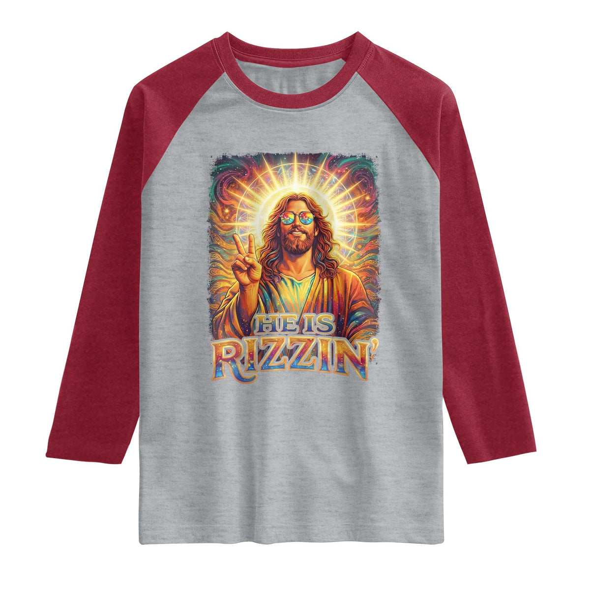 Funny Christian Easter He Is Rizzin Raglan Shirt Trendy Jesus Humor with Sunglasses Faith Based Meme Gift