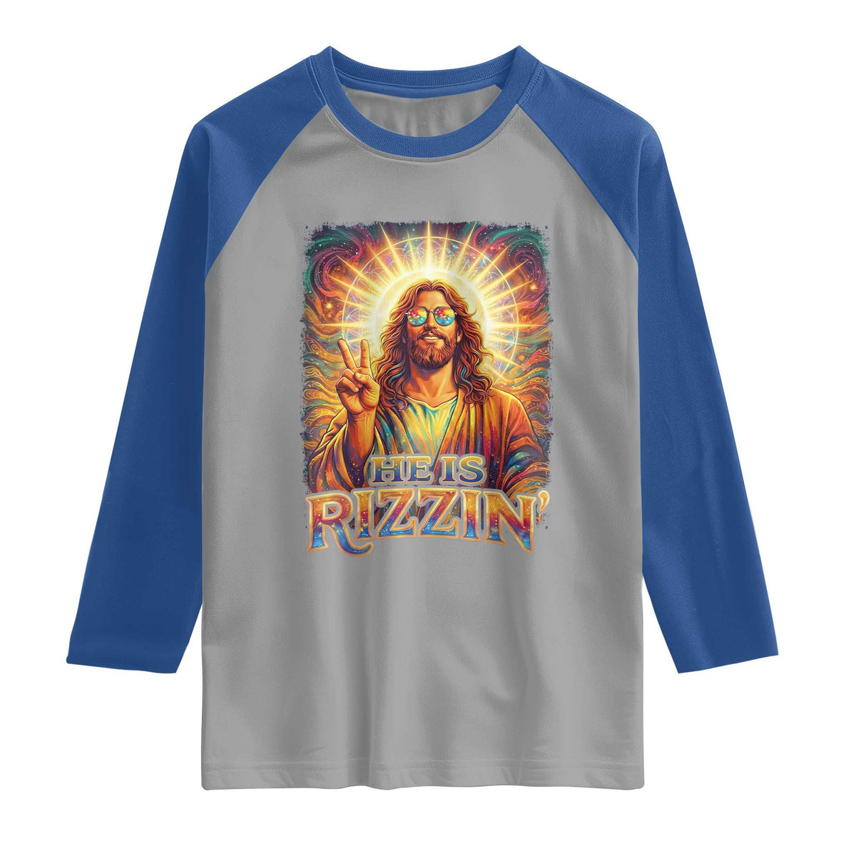 Funny Christian Easter He Is Rizzin Raglan Shirt Trendy Jesus Humor with Sunglasses Faith Based Meme Gift