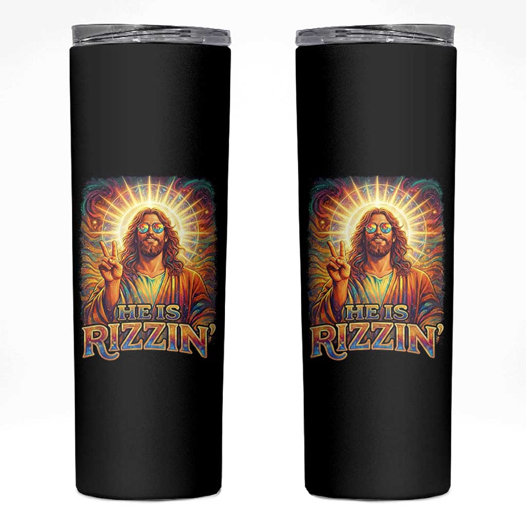Funny Christian Easter He Is Rizzin Skinny Tumbler Trendy Jesus Humor with Sunglasses Faith Based Meme Gift