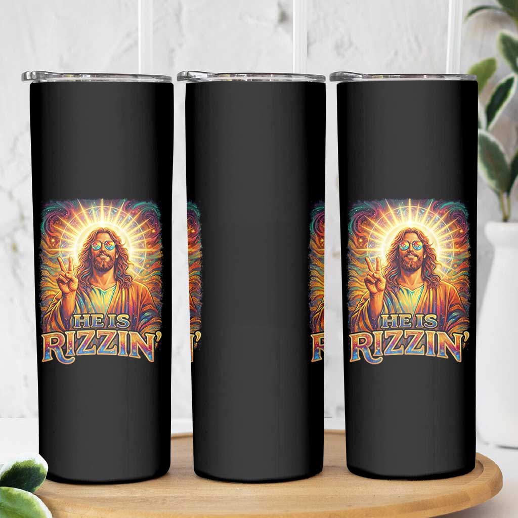Funny Christian Easter He Is Rizzin Skinny Tumbler Trendy Jesus Humor with Sunglasses Faith Based Meme Gift