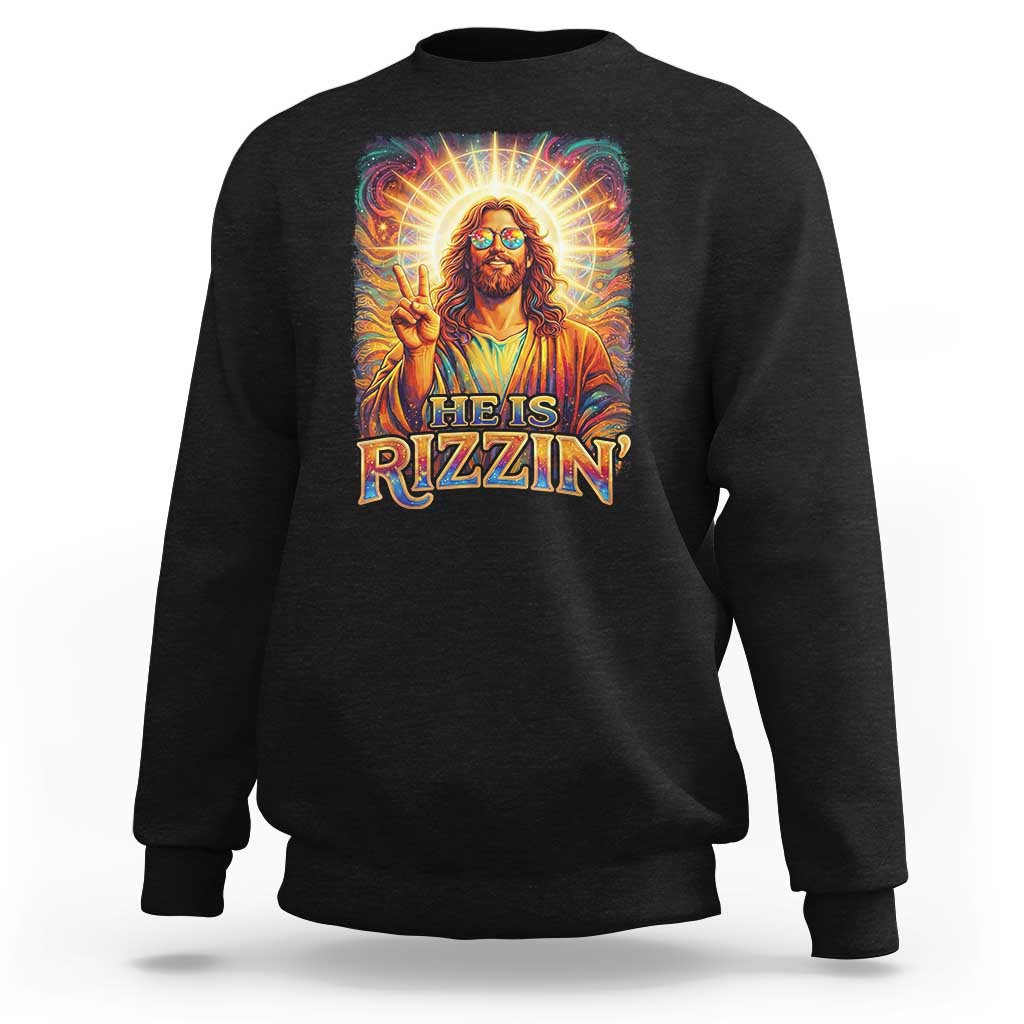 Funny Christian Easter He Is Rizzin Sweatshirt Trendy Jesus Humor with Sunglasses Faith Based Meme Gift