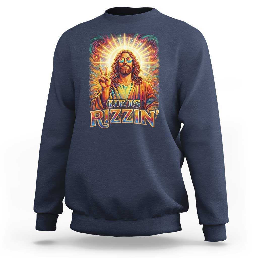 Funny Christian Easter He Is Rizzin Sweatshirt Trendy Jesus Humor with Sunglasses Faith Based Meme Gift