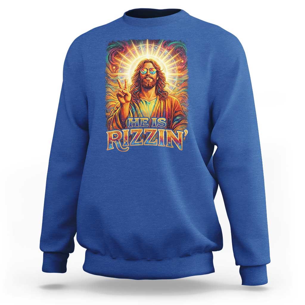 Funny Christian Easter He Is Rizzin Sweatshirt Trendy Jesus Humor with Sunglasses Faith Based Meme Gift