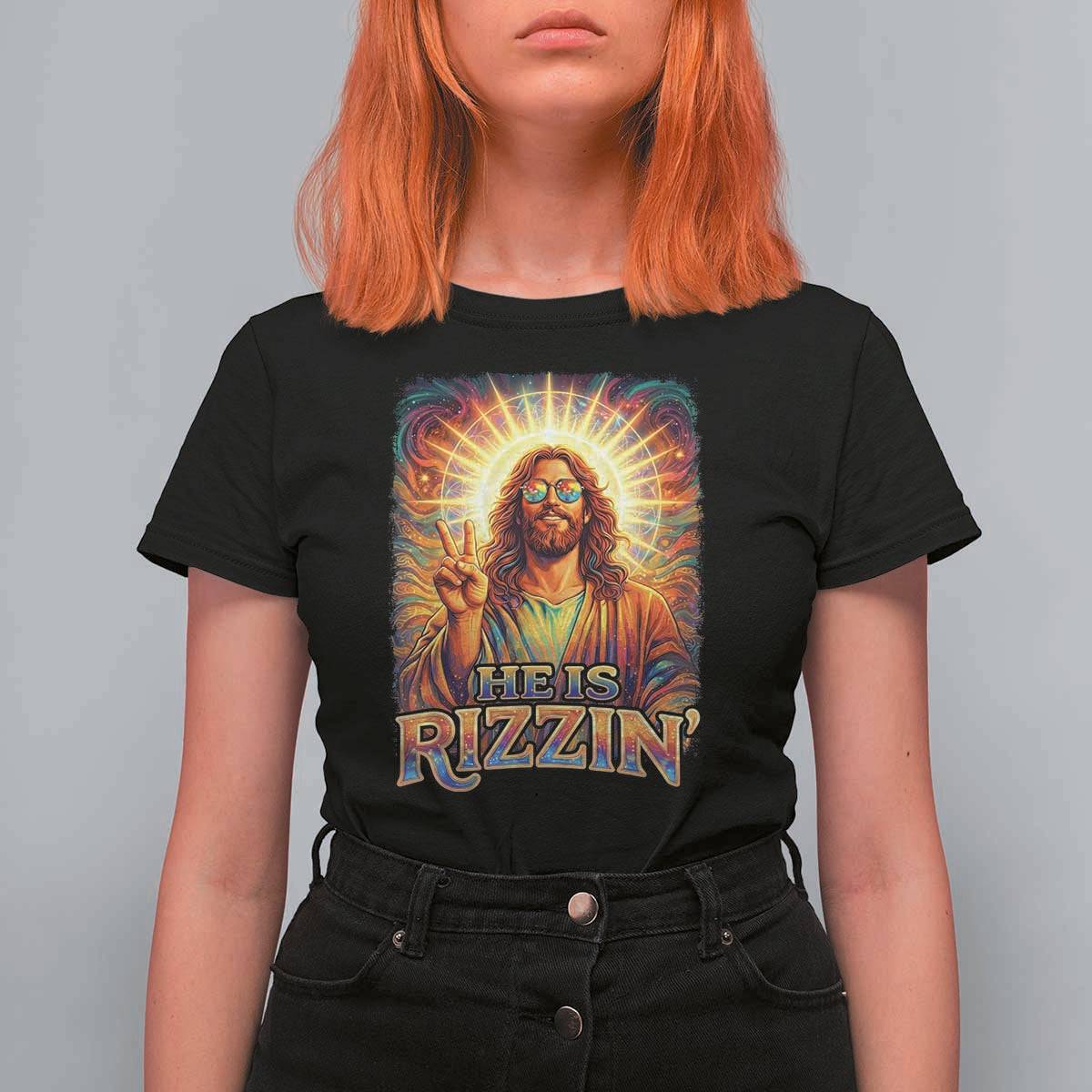 Funny Christian Easter He Is Rizzin T Shirt For Women Trendy Jesus Humor with Sunglasses Faith Based Meme Gift