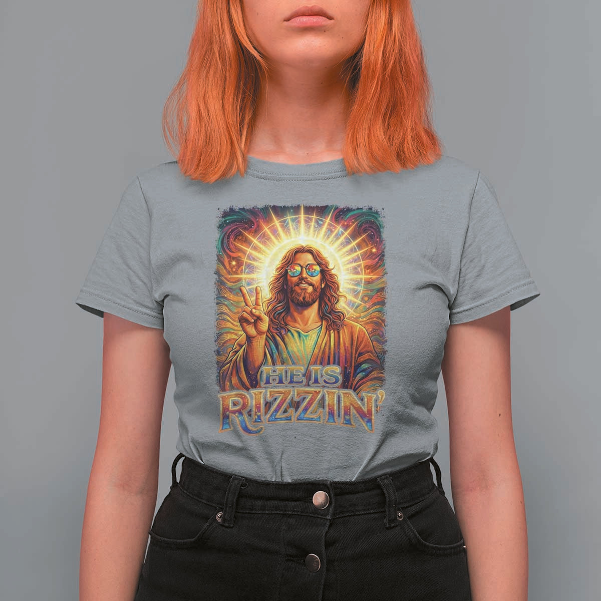 Funny Christian Easter He Is Rizzin T Shirt For Women Trendy Jesus Humor with Sunglasses Faith Based Meme Gift