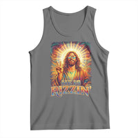 Funny Christian Easter He Is Rizzin Tank Top Trendy Jesus Humor with Sunglasses Faith Based Meme Gift