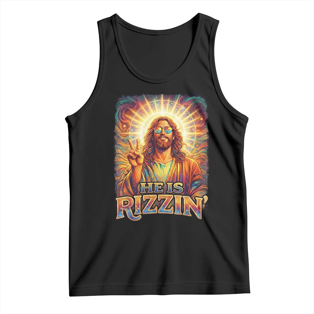 Funny Christian Easter He Is Rizzin Tank Top Trendy Jesus Humor with Sunglasses Faith Based Meme Gift
