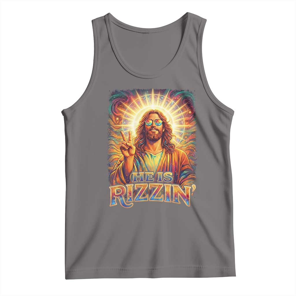 Funny Christian Easter He Is Rizzin Tank Top Trendy Jesus Humor with Sunglasses Faith Based Meme Gift