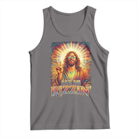 Funny Christian Easter He Is Rizzin Tank Top Trendy Jesus Humor with Sunglasses Faith Based Meme Gift
