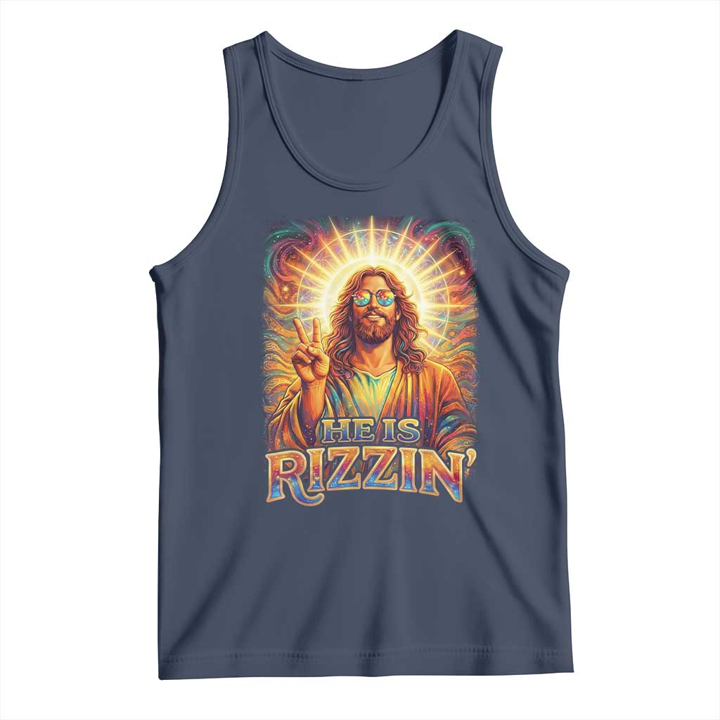 Funny Christian Easter He Is Rizzin Tank Top Trendy Jesus Humor with Sunglasses Faith Based Meme Gift