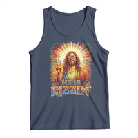 Funny Christian Easter He Is Rizzin Tank Top Trendy Jesus Humor with Sunglasses Faith Based Meme Gift