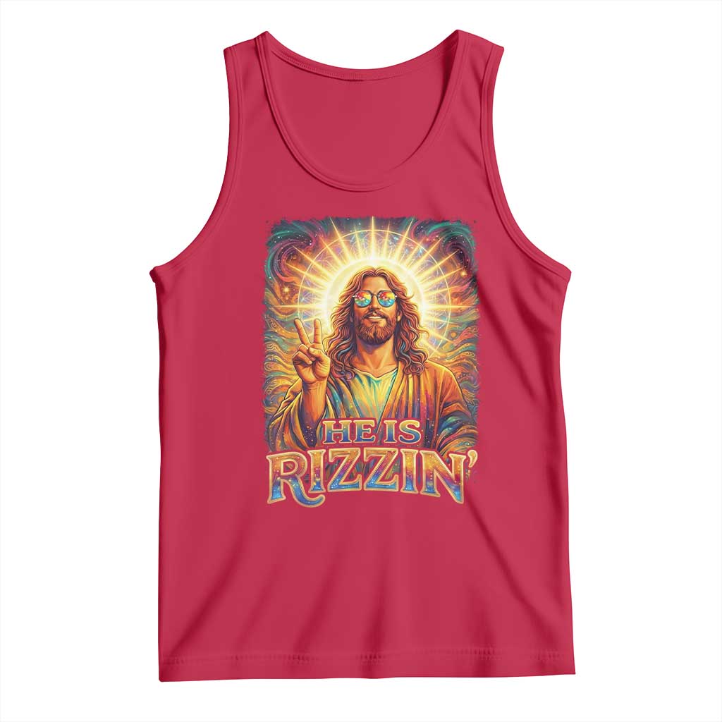 Funny Christian Easter He Is Rizzin Tank Top Trendy Jesus Humor with Sunglasses Faith Based Meme Gift
