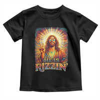 Funny Christian Easter He Is Rizzin Toddler T Shirt Trendy Jesus Humor with Sunglasses Faith Based Meme Gift