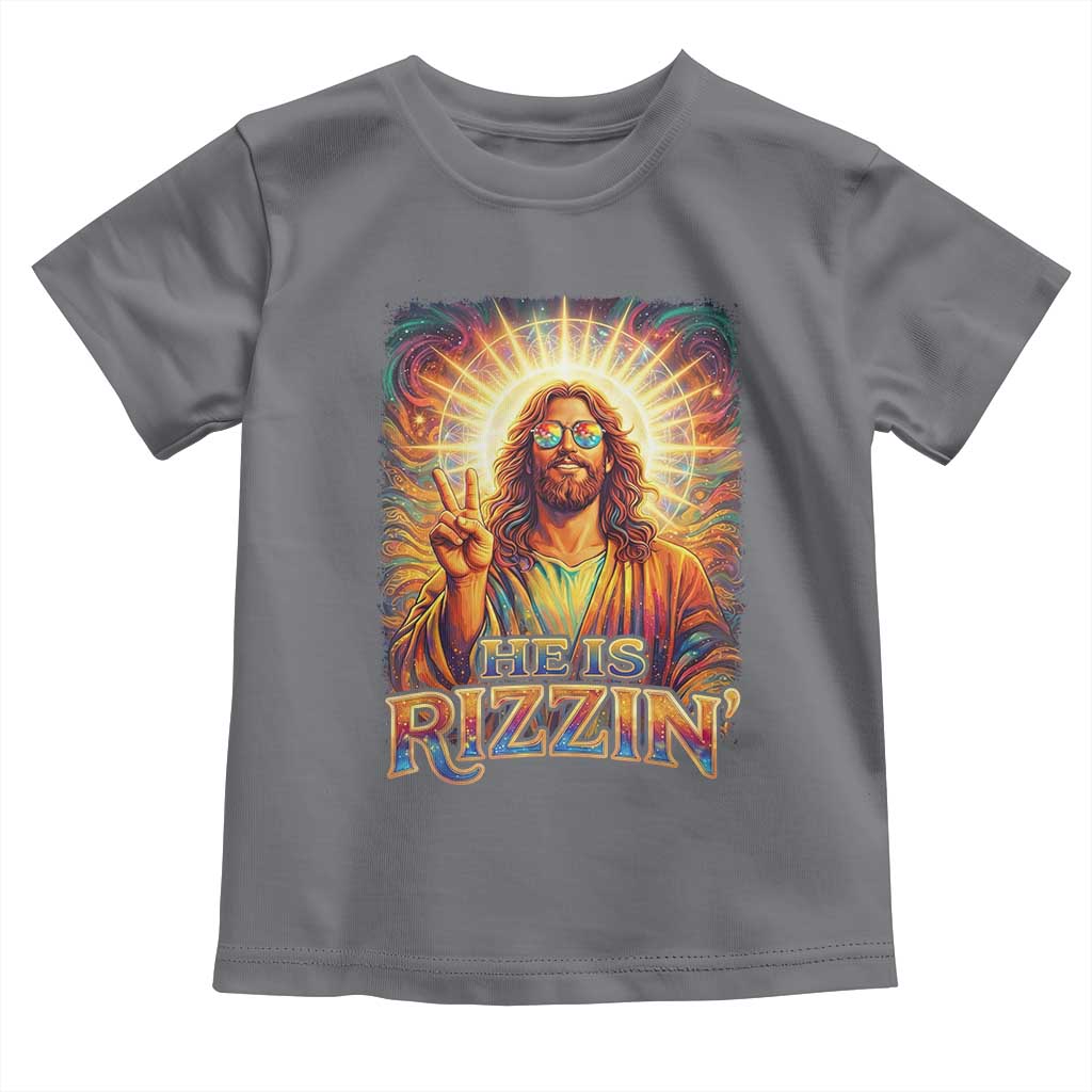 Funny Christian Easter He Is Rizzin Toddler T Shirt Trendy Jesus Humor with Sunglasses Faith Based Meme Gift