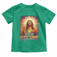 Funny Christian Easter He Is Rizzin Toddler T Shirt Trendy Jesus Humor with Sunglasses Faith Based Meme Gift