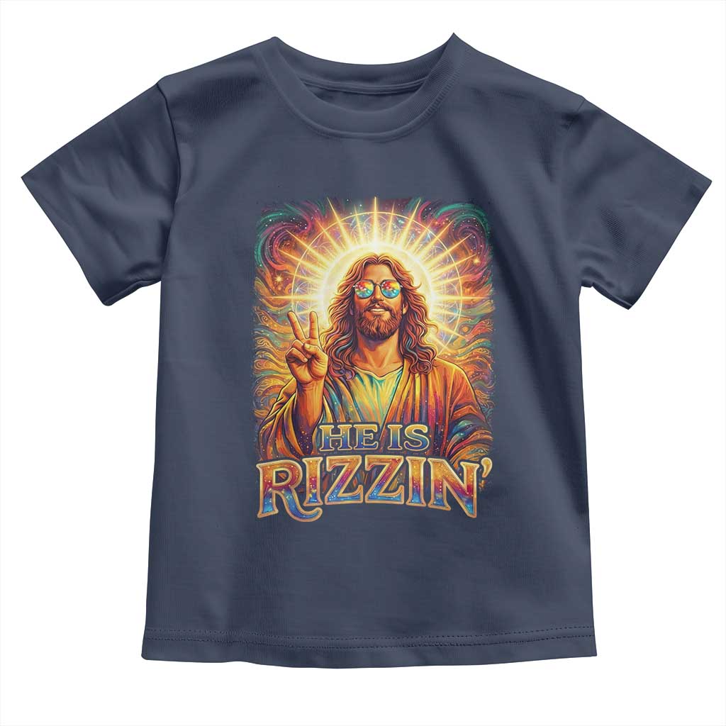 Funny Christian Easter He Is Rizzin Toddler T Shirt Trendy Jesus Humor with Sunglasses Faith Based Meme Gift