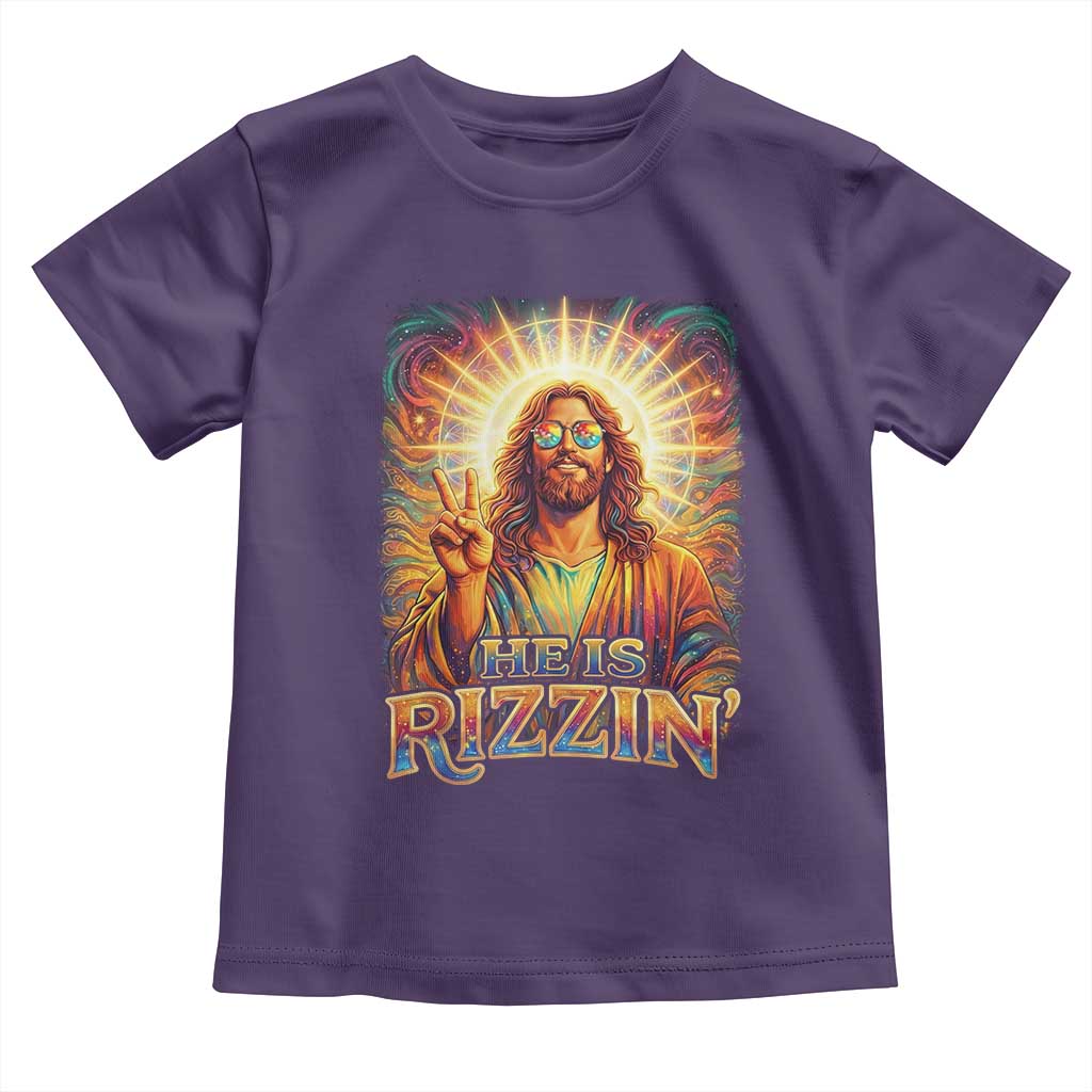 Funny Christian Easter He Is Rizzin Toddler T Shirt Trendy Jesus Humor with Sunglasses Faith Based Meme Gift