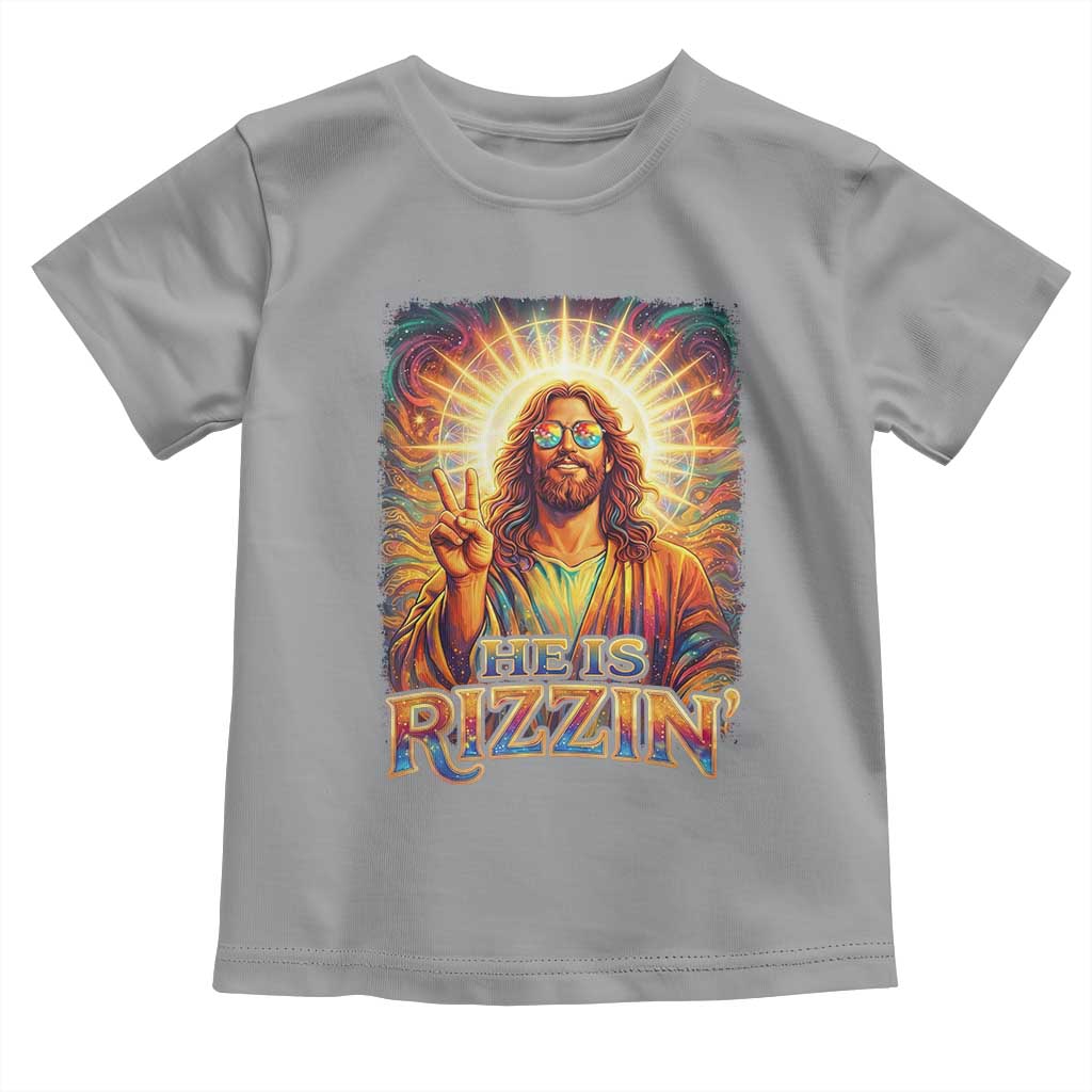 Funny Christian Easter He Is Rizzin Toddler T Shirt Trendy Jesus Humor with Sunglasses Faith Based Meme Gift