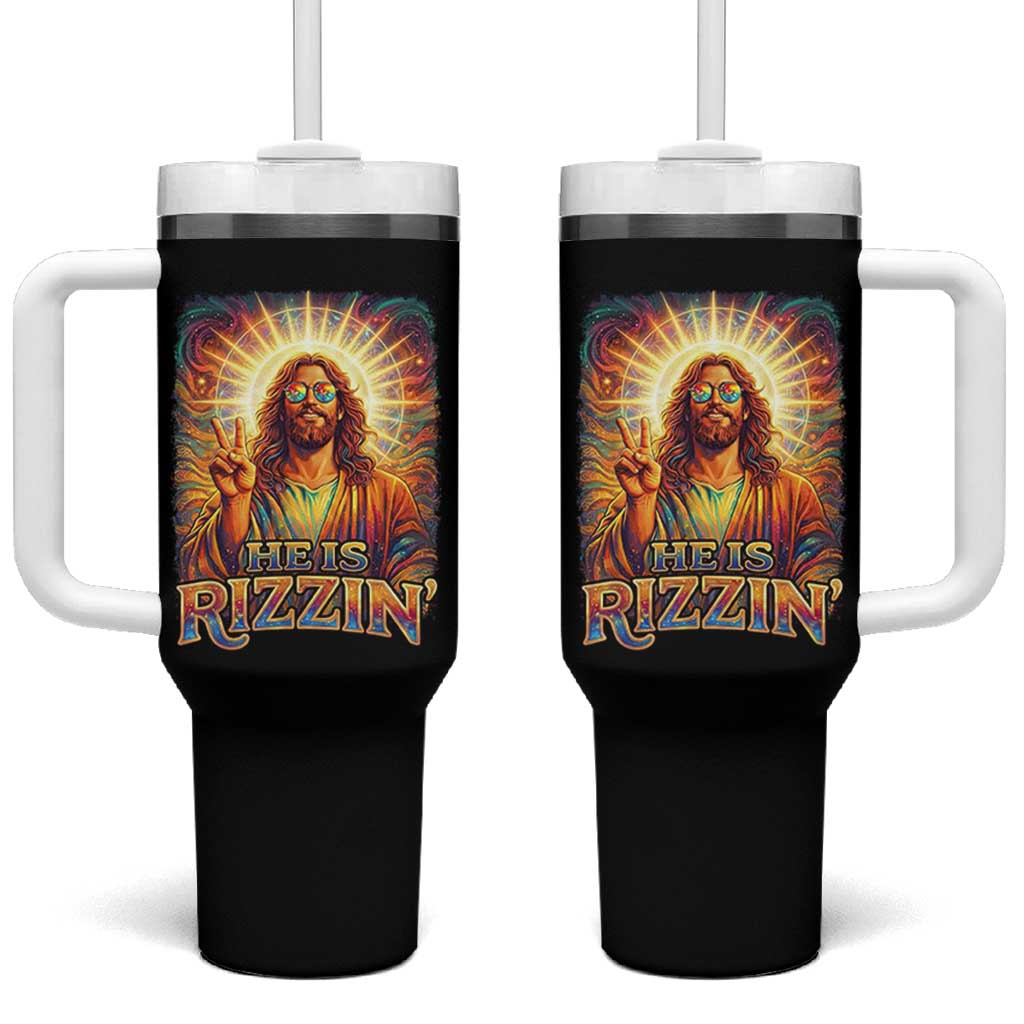 Funny Christian Easter He Is Rizzin Tumbler With Handle Trendy Jesus Humor with Sunglasses Faith Based Meme Gift