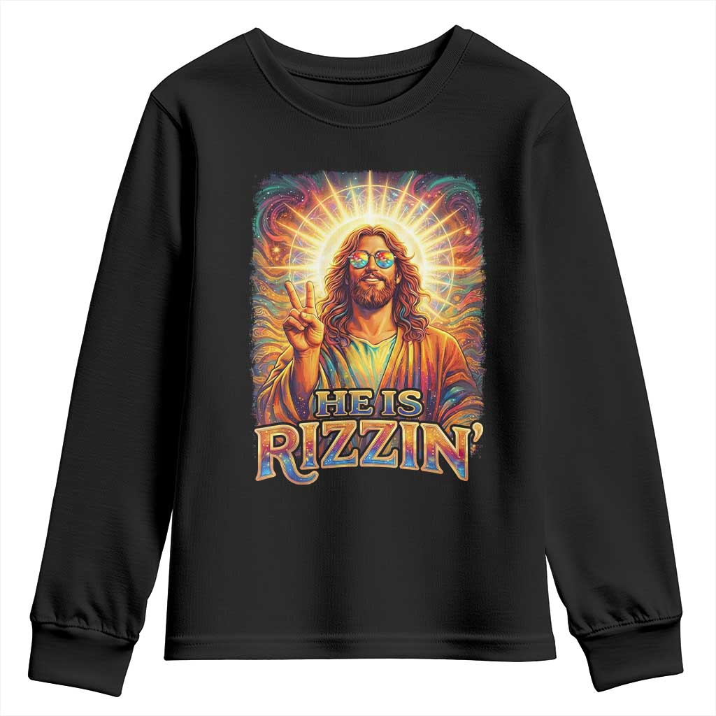 Funny Christian Easter He Is Rizzin Youth Sweatshirt Trendy Jesus Humor with Sunglasses Faith Based Meme Gift