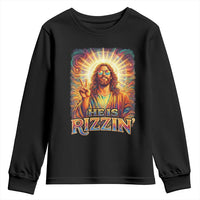 Funny Christian Easter He Is Rizzin Youth Sweatshirt Trendy Jesus Humor with Sunglasses Faith Based Meme Gift