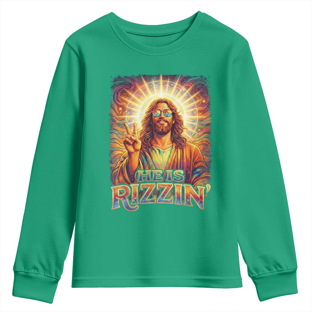 Funny Christian Easter He Is Rizzin Youth Sweatshirt Trendy Jesus Humor with Sunglasses Faith Based Meme Gift